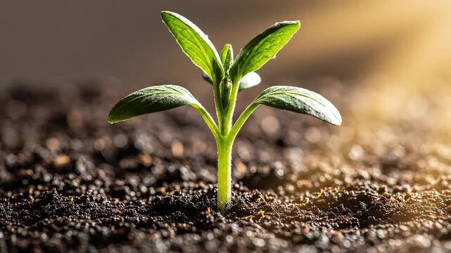 A tender green sprout defies the soil, reaching skyward with burgeoning life, illuminated by a hopeful ray of light, symbolizing potential and natural growth and renewal