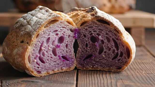 Purple sweet potato bread loaf cut in half on wooden table with another loaf in background