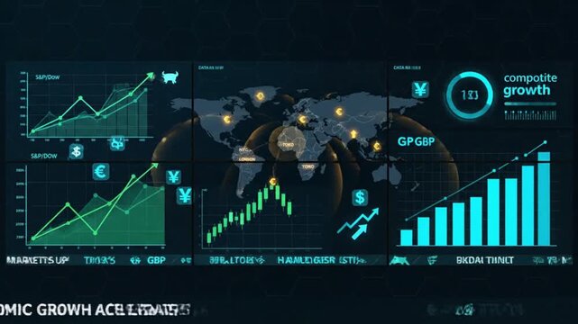 Financial stock market data dashboard illustration with glowing green line charts world map and currency symbols for fintech presentation and website design