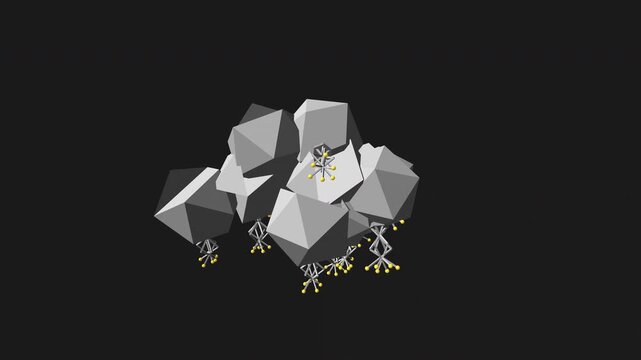 Procedural 3D animation of bacteriophage viruses with articulated legs drifting in fluid. SEM electron microscope aesthetic with film grain. Seamless loop for medical and science backgrounds.