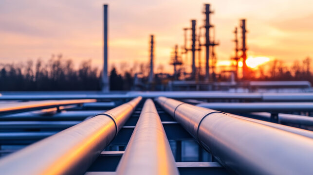 Industrial pipeline metal pipe steel tube oil gas refinery plant sunset sky energy infrastructure industrial landscape long perspective blurry