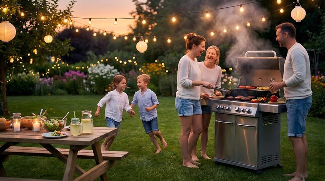 Family bbq party in backyard with kids at dusk with string lights