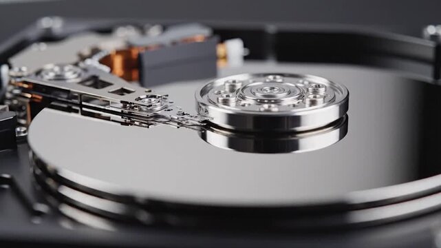 Close-up view of an open hard disk drive showing its internal components
