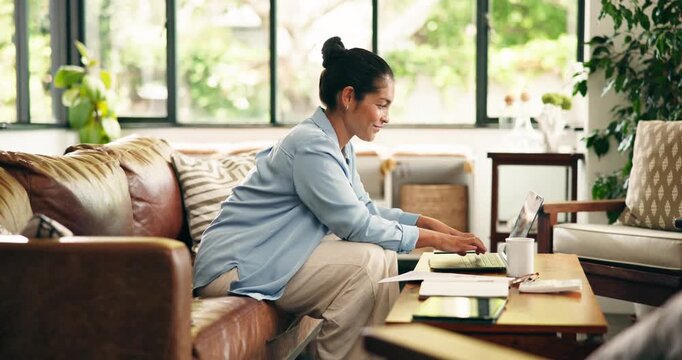 Remote work, laptop and woman on sofa for online article, news report and research for copywriting. Freelance, notebook and person on computer for editing review, submission or story feedback in home