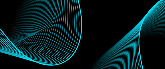 A futuristic black vector background featuring vibrant cyan wave lines. Perfect for high-tech digital headers, cyber themes, modern electronic music artwork. Abstract blue wavy lines of the sound wave © imaamut