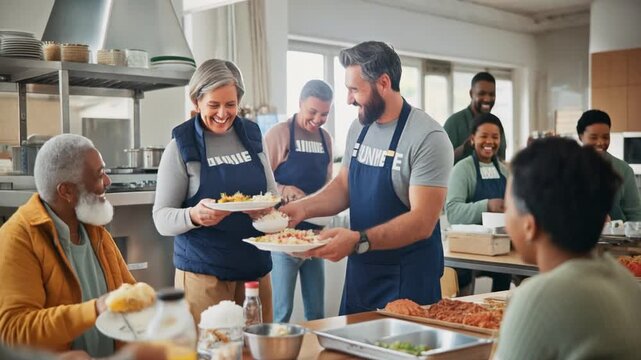 Volunteers Serving Food to Seniors in Community Kitchen 4K video