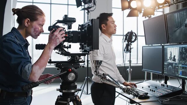 Two professionals working on film equipment in a studio with lighting and monitors