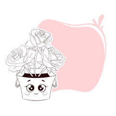 cute smiling rose flower in pot, friendly face with winking eyes, hand drawn outline over soft pastel pink, place for text