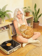 A woman with white hair sitting on the floor, holding an orange cat, with a record player and plants beside her. Creating a calm atmosphere. 