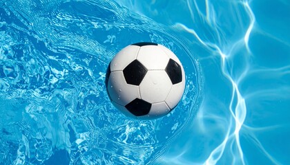 Fototapeta premium A three-dimensional illustration of a spherical leather football floating on blue water
