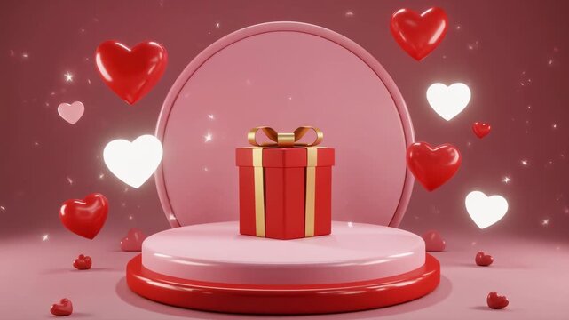 3D animation of a romantic Valentine podium scene featuring a glossy round podium in soft pi
