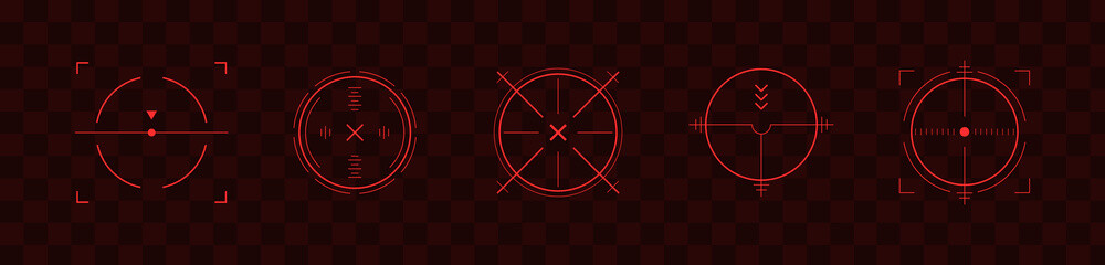 Crosshair Hud red. Immersive game interface. Various weapon thermal infrared sights, sniper rifle optical scopes. Set of simple Vector icons.