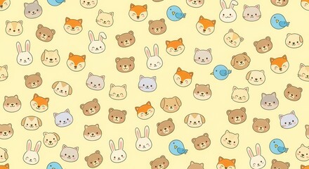 Fototapeta premium Cheerful pattern featuring various smiling cartoon animal faces scattered across a light background
