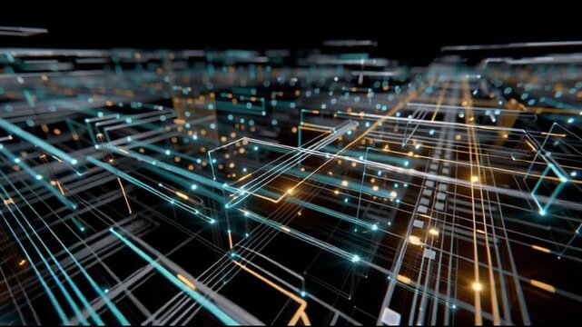 Hyperscale cloud infrastructure architecture. Data-center architecture. Computing architecture. Digital network architecture. Abstract digital network with glowing lines and geometric shapes.