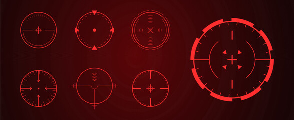 Crosshair Hud red. Futuristic neon light and laser Hud for game interface. Various glowing icons. UI Vector illustration.