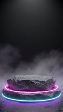 3D animation of a stone pedestal podium illuminated by glowing LED neon rings. Minimalist bl