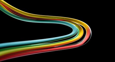 3d iridescent liquid glass ribbon wave line with neon rainbow light texture on abstract black background. Holographic gradient water flow with speed motion effect. Digital tech banner. 3D illustration