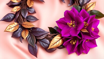 Decorative floral wreath made of dark purple and gold leaves, with a cluster of vibrant magenta flowers on the right side, placed against a soft silky pink fabric background, elegant and luxurious com