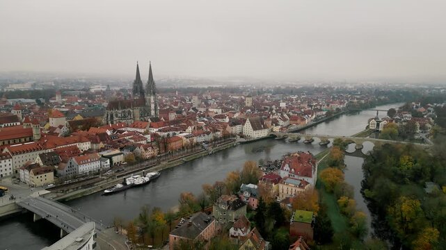 Aerial Panorama of Regensburg with Cathedral, River and Bridge