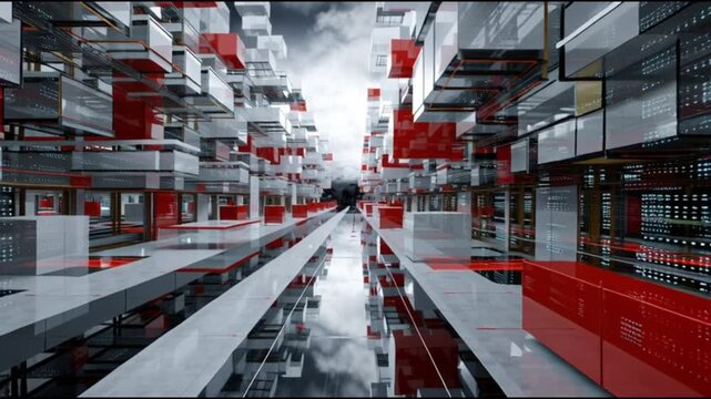 Hyperscale cloud infrastructure architecture. Data-center architecture. Computing architecture. Digital network architecture. Futuristic urban architecture with red and transparent elements.