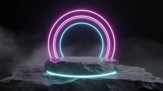3D animation of a stone pedestal podium illuminated by glowing LED neon rings. Minimalist bl