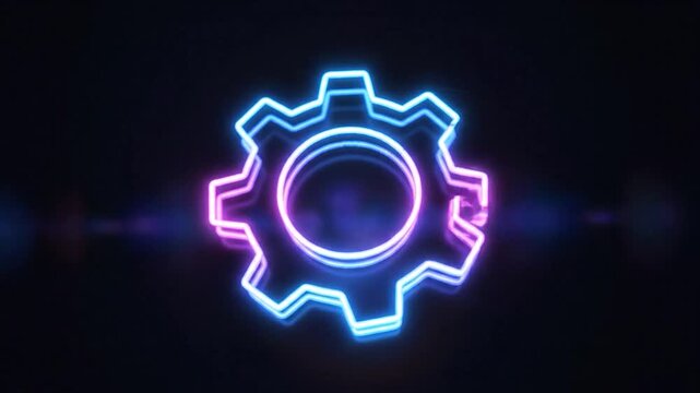 The neon gear icon glows with blue and pink light on a dark background.