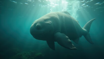 Obraz premium Ancient Fish Swims In Deep Blue Ocean With Sunlight Rays Filtering Through Water