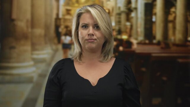 Blonde woman furrows eyebrows in building entrance with wooden pews and stone columns visible; uncertainty.