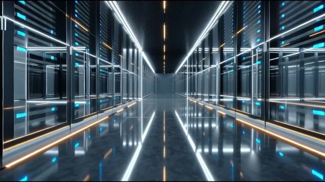 Hyperscale cloud infrastructure architecture. Data-center architecture. Computing architecture. Digital network architecture. Futuristic hallway with illuminated glass partitions and sleek design.