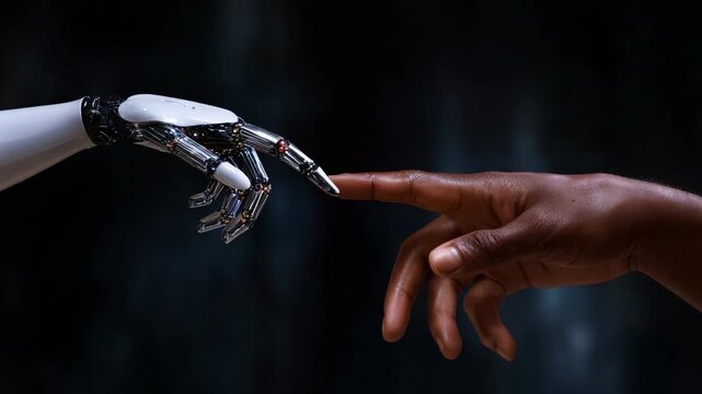 Exploring the Intersection of Humanity and Technology: A Captivating Moment Where a Human Hand Connects with a Robotic Hand