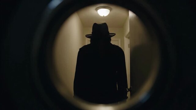 Suspenseful shot looking through doors peephole frightening silhouetted figure standing dark hallway Footage perfect projects related horror thrillers home security personal safety privacy concerns