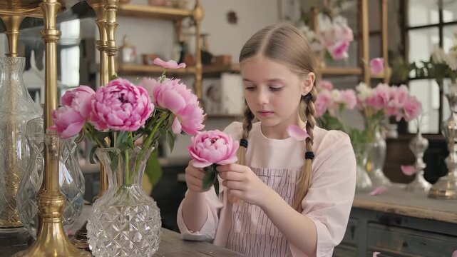 A young girl with braids carefully arranges pink peonies in a crystal vase. She works in a flower shop filled with soft light and pastel colors. Flowers and petals are everywhere around her