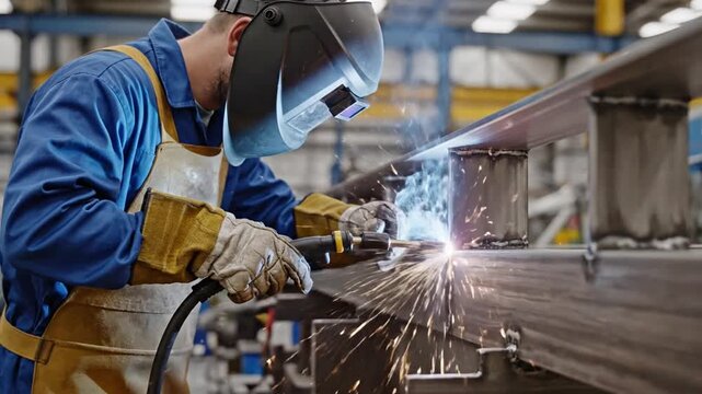 A welder in protective gear working with metal beams. Sparks fly as he joins pieces with heat