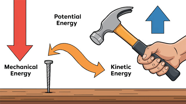 Clear science diagram showing mechanical energy conversion from potential to kinetic, demonstrating physics principles.