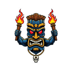 Tiki man idol with torches and red eyes, tribal warrior mask