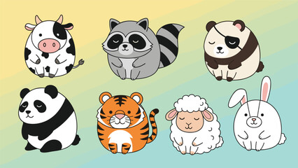Naklejka premium Collection of seven adorable, round, chubby cartoon animals including a cow, raccoon, panda, tiger, sheep, and rabbit.