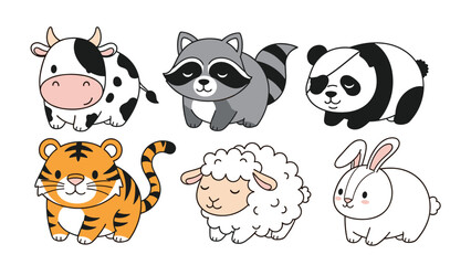 Obraz premium Adorable set of six chubby, cute cartoon animals: a cow, raccoon, pirate panda, tiger, sheep, and a happy white rabbit.
