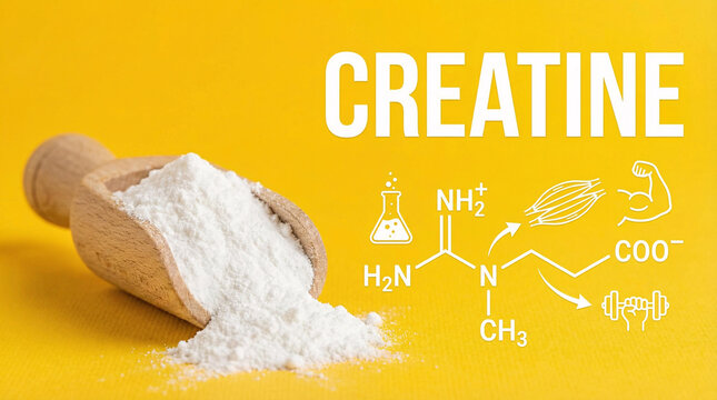 A wooden scoop holds creatine powder with chemical formulas and illustrations on a yellow background