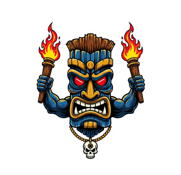 Tiki man idol with torches and red eyes, tribal warrior mask
