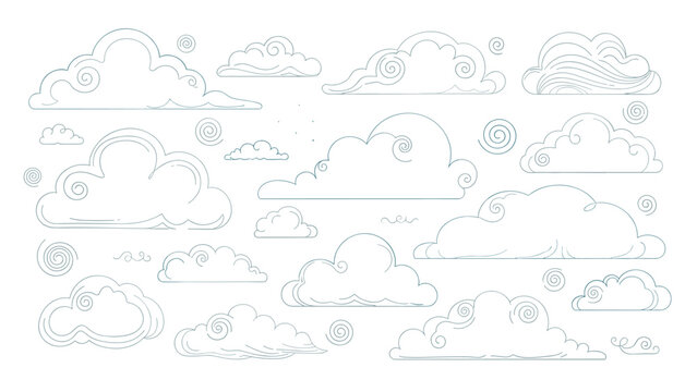 A collection of stylized, decorative clouds in a traditional Asian line art style, perfect for oriental-themed designs.