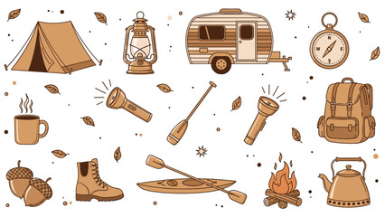 A vintage-style collection of brown-toned camping and outdoor adventure icons, including a tent, camper, lantern, and backpack.