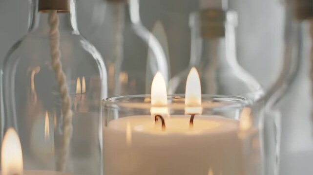 Close-up of lit candles.  Backdrop includes glass bottles with wicks and corks in a warm, ambient glow