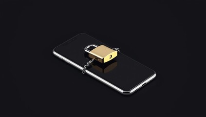A mobile phone locked by a metal chain and a golden padlock on a black background
