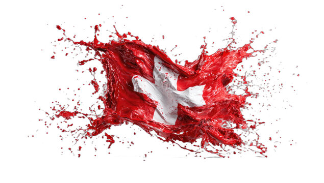 Dynamic red and white flag splattered with vibrant liquid splashes