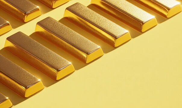 Gleaming golden bars arranged in parallel rows against a bright yellow background