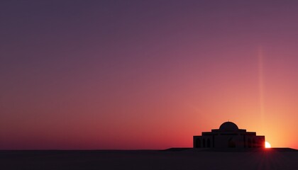 Serene sunset over a tranquil desert structure with a domed roof, casting long shadows on the sand