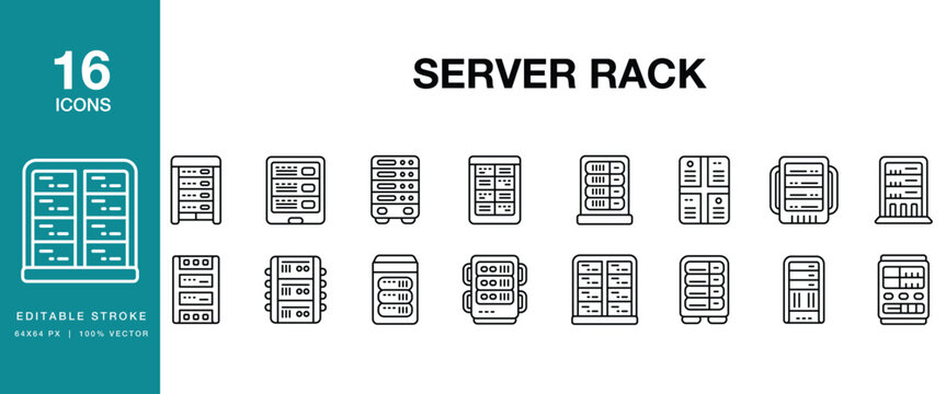Server Rack icon set. Includes server, rack, datacenter, network, storage, hardware and More. Editable Stroke Icon Collection.
