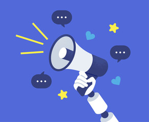 マーケティングオートメーション。メガホンを持つロボットの手とSNSのリアクションのベクター素材。