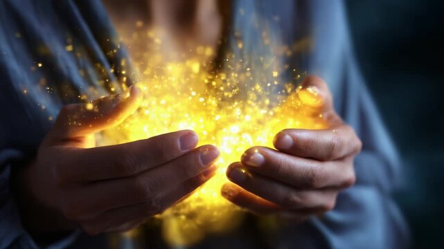 A person gently cradles a glowing orb of golden energy in their hands, showcasing the interplay between light and shadow, highlighting a moment of magic and wonder that captivates the imagination.