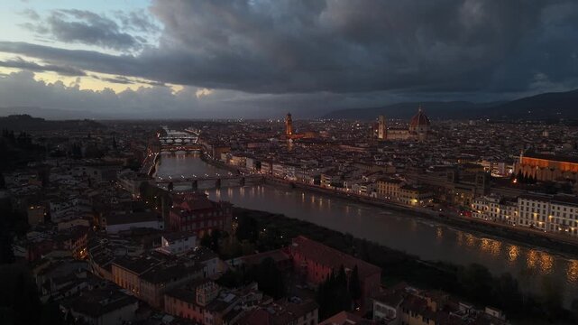 Vertical Drone Ascent Over Florence at Blue Hour Revealing City Panorama
